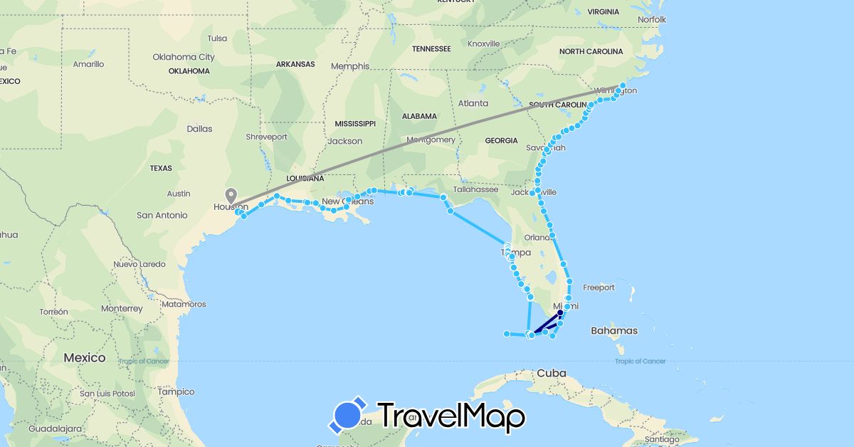 TravelMap itinerary: driving, plane, boat in United States (North America)