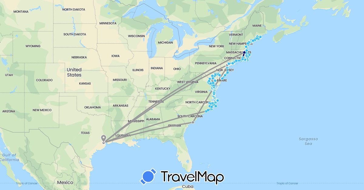 TravelMap itinerary: driving, plane, train, boat in United States (North America)