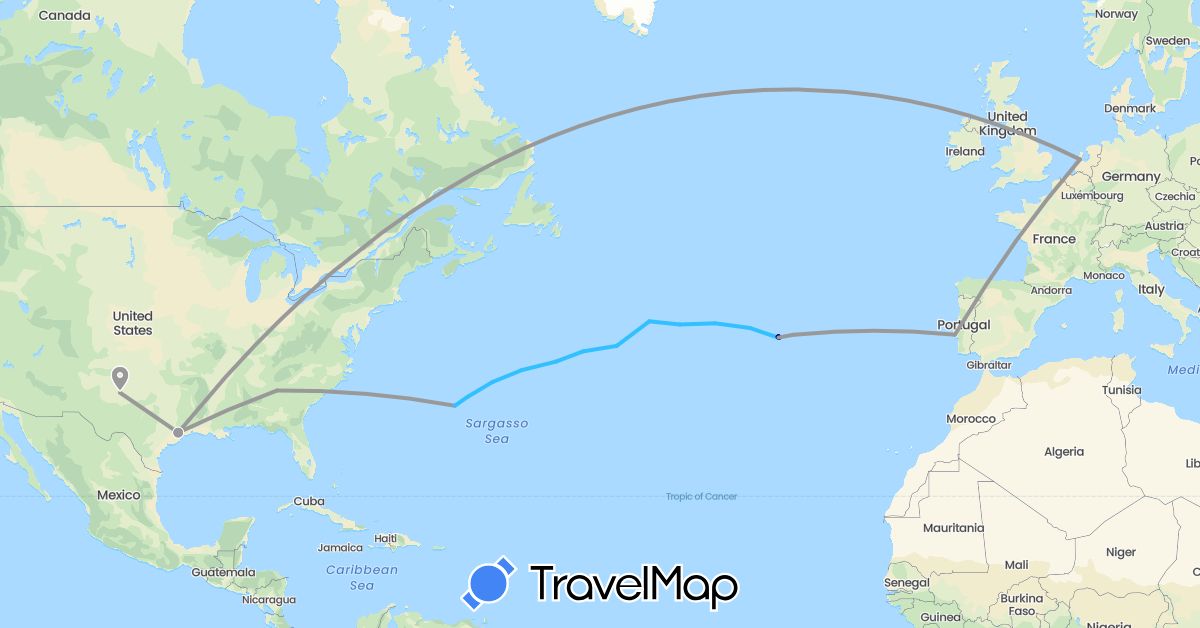 TravelMap itinerary: driving, plane, cycling, train, hiking, boat in Bermuda, Netherlands, Portugal, United States (Europe, North America)